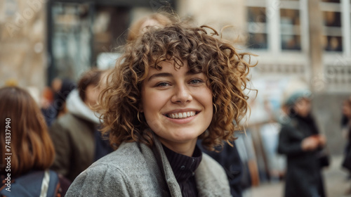 Young Woman with Curly Hair Smiling at Camera in Grey Blazer, Desaturated Background with a Group of People Engaging Each Other, Possibly Colleagues or Friends, Professional or Social Gathering Settin © Michael