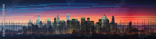 A soaring stock graph against a city skyline backdrop at dusk, illuminated with vibrant hues.