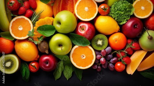 Top view texture  background of fresh colorful fruits and vegetables. Orange  Apple  Kiwi  Tomato  lettuce  grapes  lemon on the table.