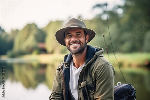 Portrait of a happy fisherman with a fishing rod on the lake photo