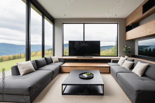 Cozy home living room interior with couch and tv display with panoramic window © Giuseppe Cammino