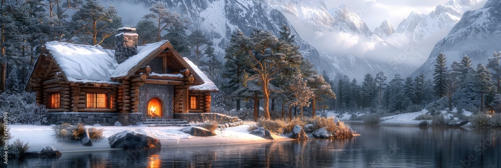 Fototapeta premium A Rustic Canadian Log Cabin In The Woods, Background Image, Background For Banner, HD