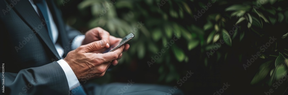 Close up hands of businessman is typing text messages on mobile phone, Male using his smartphone . generative ai