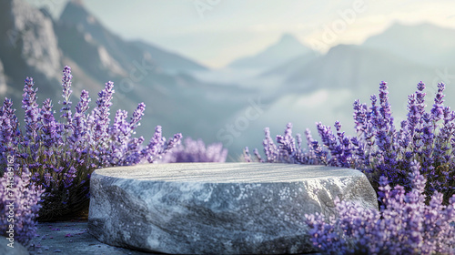 Stone round product display podium with lavender flowers on a mountain top for cosmetic, beauty, health care , product adverting