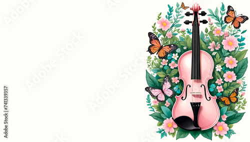 Violin with flowers and butterflies flying around on white background.Spring or summer, classic music,melody concept.Banner for design with copy space.Generative AI.