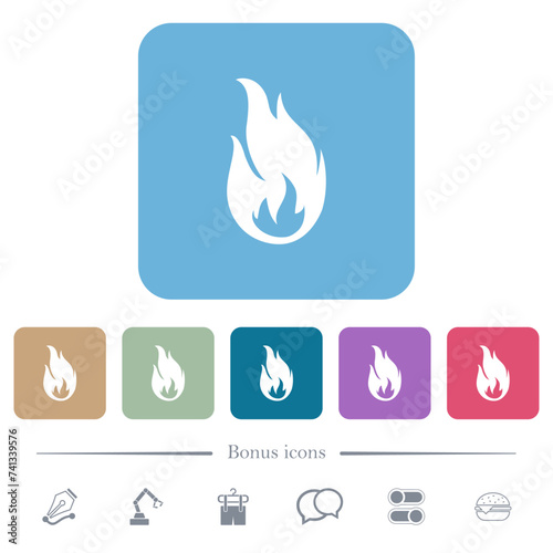 Fire flame flat icons on color rounded square backgrounds