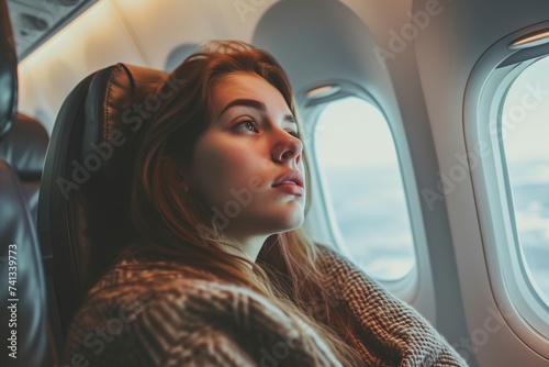 young adult woman sitting on a plane thinking about her problems photo