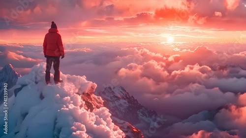 Glaciers, crevasses, Matterhorn, distant man, frosty dunes, sunrise, lenticular clouds, stormy peaks.generative ai