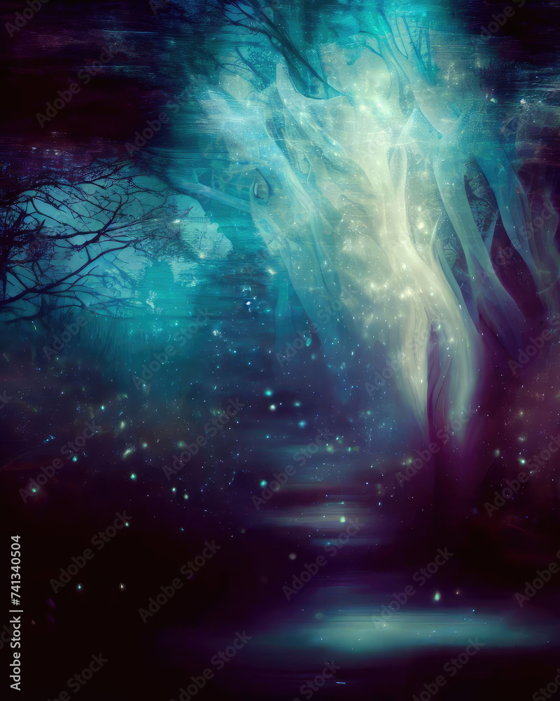 The abstract and magical image of the night forest