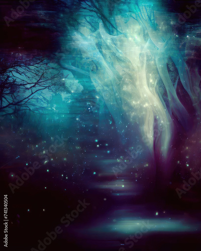 The abstract and magical image of the night forest