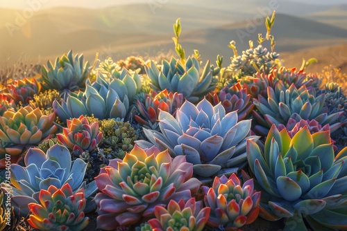 Array of succulents in a desert landscape at golden hour, showcasing various textures and colors of these resilient plants against the golden light