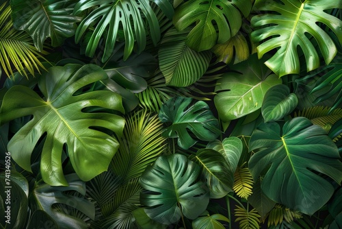 Artistic composition of an assortment of tropical plants with lush green leaves, featuring different textures and shades of green, ideal for a botanical illustration