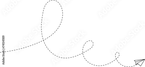 Paper plane with dotted line. Travel symbol. Origami paper airplane, isolated vector illustration.