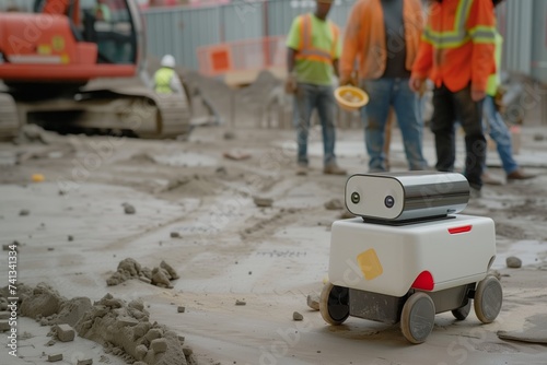 small robot delivering lunch to a busy construction site