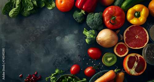 Healthy eating ingredients: fresh vegetables, fruits and superfood. 