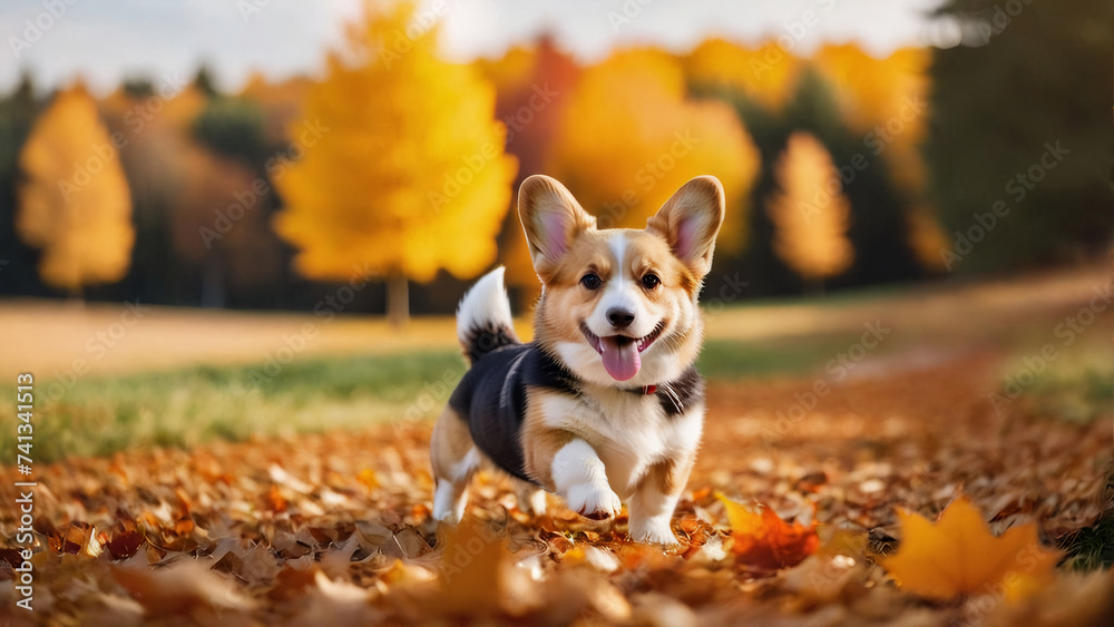 A cheerful Corgi pup frolicking against an autumnal backdrop, featured in a wide web banner. A cheerful Corgi pup frolicking against an autumnal backdrop, featured in a wide web banner.