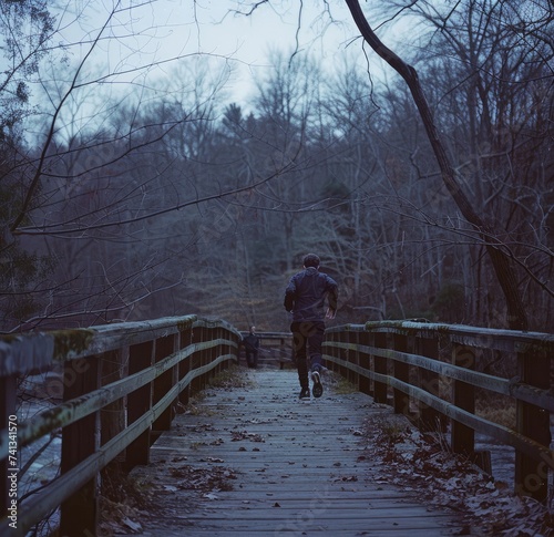 Solitary Jogger on a Moss-Covered Wooden Bridge in a Forest at Dusk, man jogging on a wooden bridge, in the style of photo taken with provia, packed with hidden details