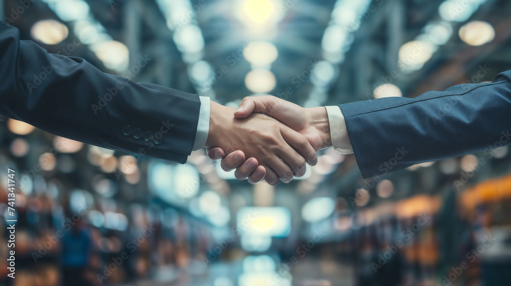 Corporate Handshake in Industrial Setting, Two Individuals Agreeing or Finalizing a Deal, Professionals in Formal and Business Casual Attire, Indoor Warehouse Environment with Other People - obrazy, fototapety, plakaty 