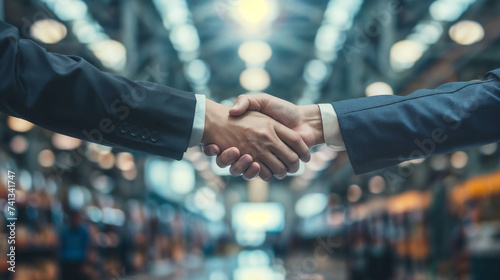 Corporate Handshake in Industrial Setting, Two Individuals Agreeing or Finalizing a Deal, Professionals in Formal and Business Casual Attire, Indoor Warehouse Environment with Other People