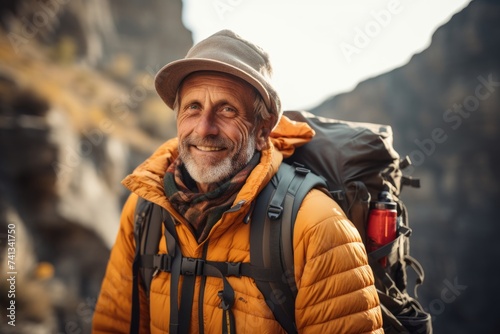 Portrait of a senior man with a backpack hiking in the mountains. © Nerea