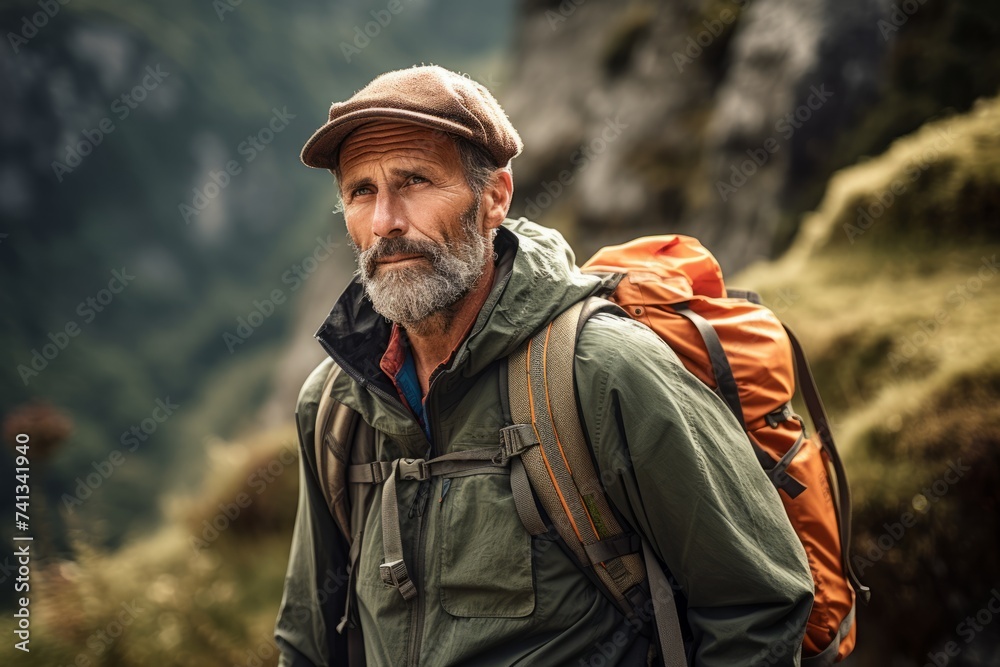 Senior man with backpack hiking in the mountains. Active elderly people concept.