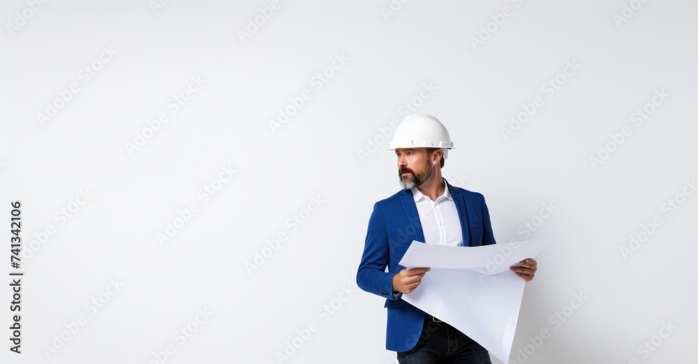 Visionary architect with blueprints against white, showcasing creativity. Visionary architect with blueprints against white, showcasing creativity.