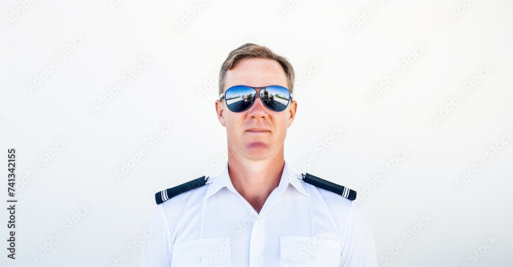 Confident pilot in uniform against white, ready for adventure in the skies. Confident pilot in uniform against white, ready for adventure in the skies.