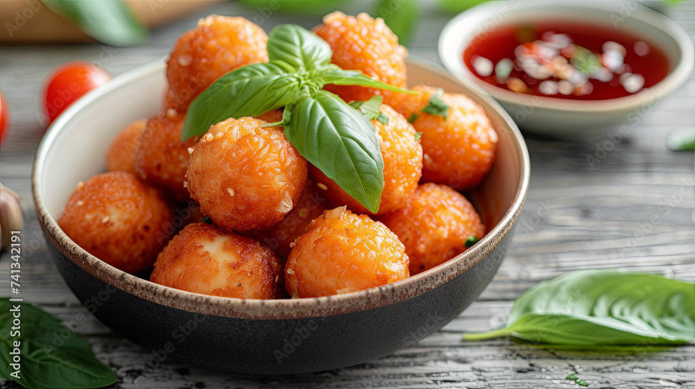 bowl of fried tofu balls, grey wooden background bowl of fried tofu balls, grey wooden background