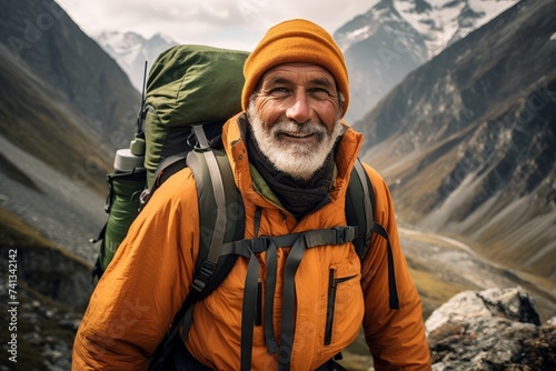 Hiking in the mountains. A man with a backpack on his back.