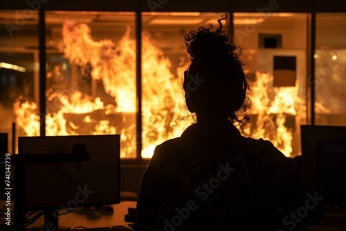 silhouette of person against backdrop of burning office