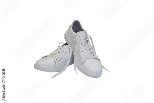a pair of white sneakers on a white background, stylish fashionable leather sneakers for men isolated on white background