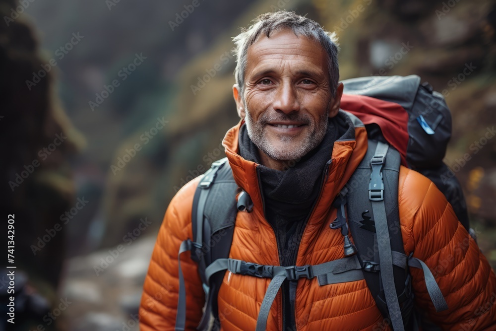 Portrait of a senior man with a backpack standing on a mountain trail. Portrait of a senior man with a backpack standing on a mountain trail.