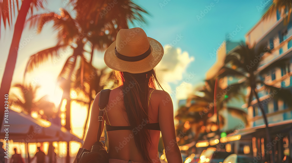 Beautiful tourist young woman walking in Miami Beach city street in Florida, USA, tourism travel holiday vacations concept in United States of America