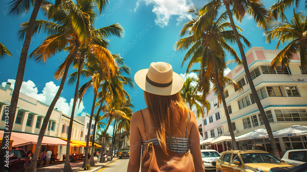 Fototapeta premium Beautiful tourist young woman walking in Miami Beach city street in Florida, USA, tourism travel holiday vacations concept in United States of America