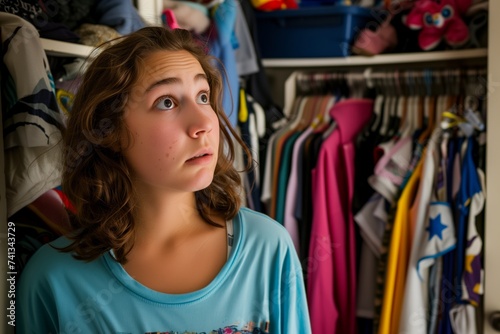 teen with a puzzled expression and messy closet