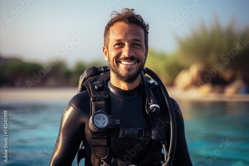 Portrait of happy young man with scuba gear smiling at the camera © Nerea