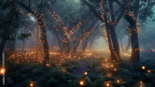 Enchanted forest path with twinkling lights, perfect for magical or fantasy themes.