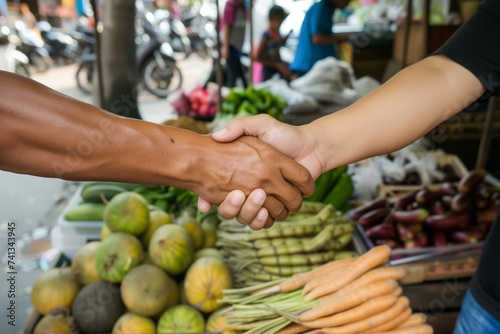 person shaking hands with a vendor at stall
