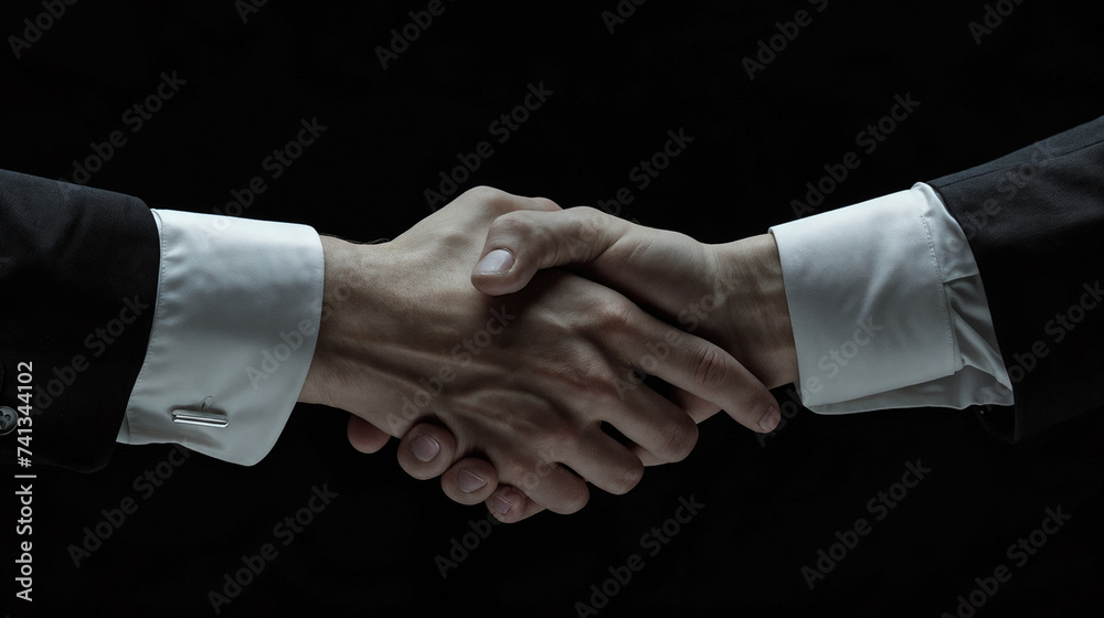 Corporate Handshake Denoting Successful Business Negotiations, Formal Suit Attire, Trusting Agreement, Two People Greeting, White Shirt with Cuffs, Expression of Respect, Neutral Dark Background
