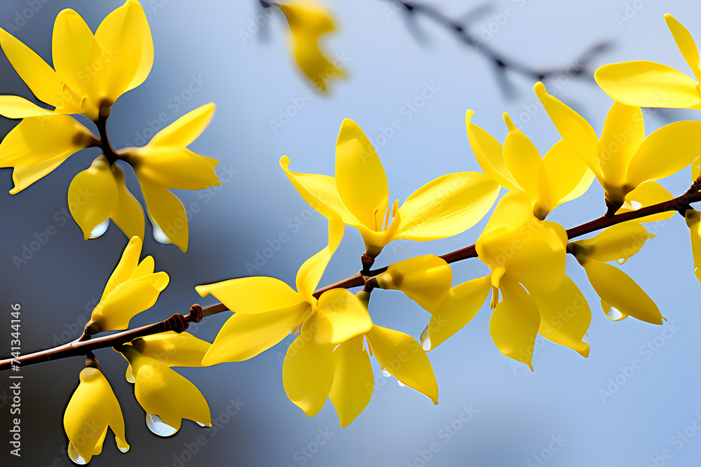 Obraz premium yellow flowers on blue sky, generative ai