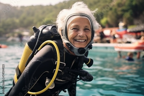 Portrait of a senior woman scuba diver smiling at the camera photo