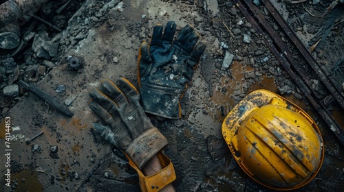 Sunlight illuminates a pair of work gloves and a hard hat left behind at the end of a long workday © Suhardi