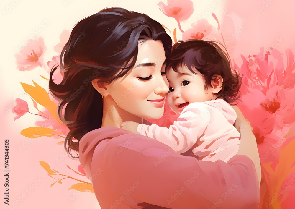 Realistic Painting of Asian Mother Holding Baby Realistic Painting of Asian Mother Holding Baby