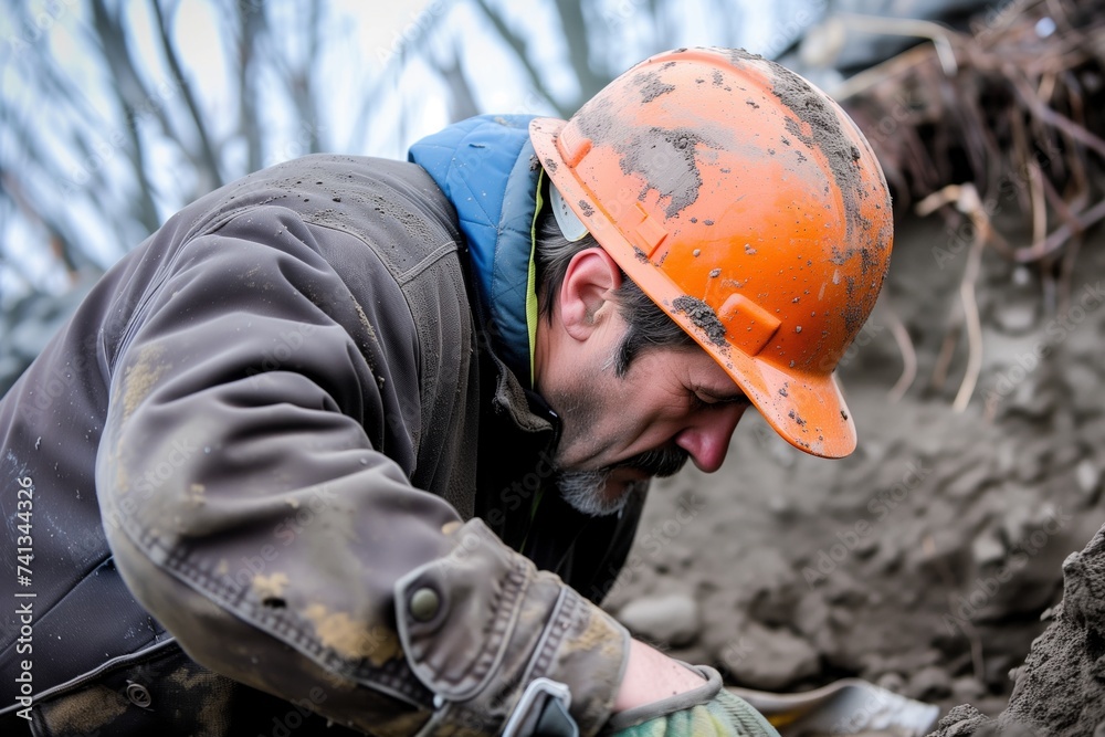 worker wearing a hard hat while digging at a site worker wearing a hard hat while digging at a site