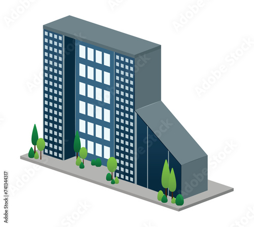City building of colorful set. The skyscraper takes center stage in this captivating illustration, showcasing meticulous design details against a blank white canvas. Vector illustration.