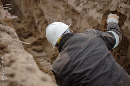 worker wearing a hard hat while digging at a site