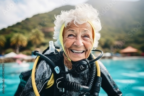 Portrait of happy senior woman with mask and scuba diving equipment © Nerea