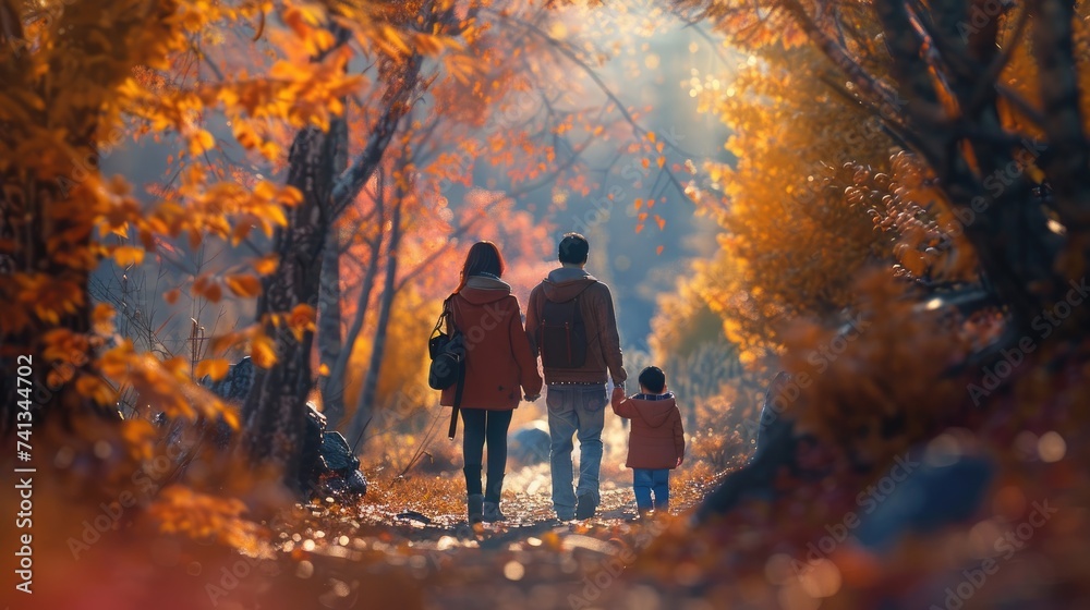 Fototapeta premium Family of Three on Autumn Nature Walk Through Vibrant Forest