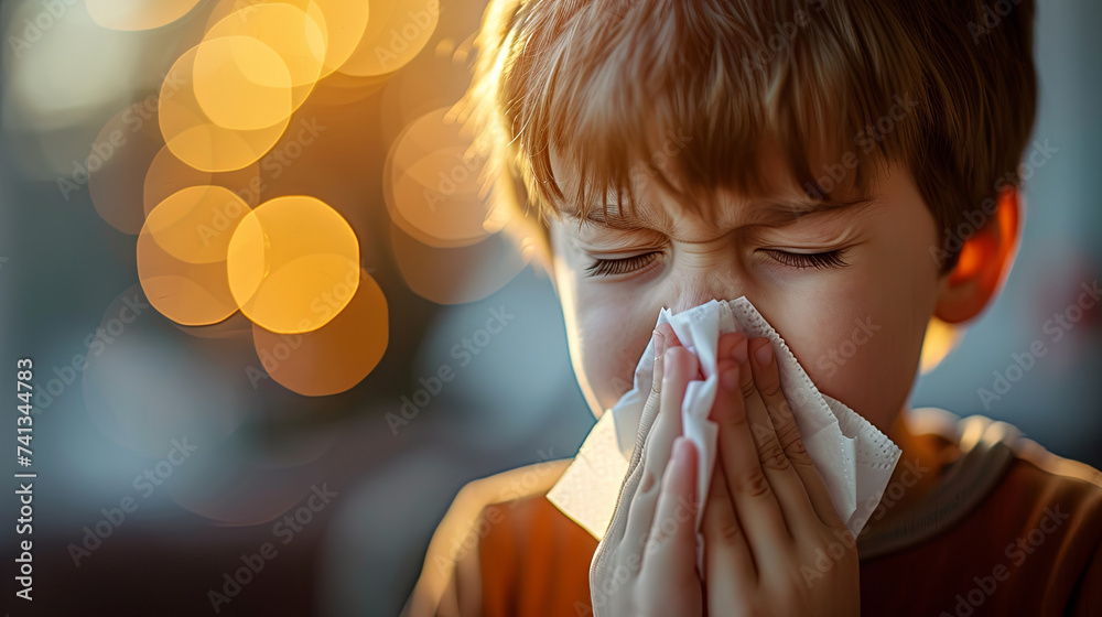 A boy covers his nose with a napkin while sneezing. Concept of runny nose and allergic rhinitis. gold - obrazy, fototapety, plakaty 