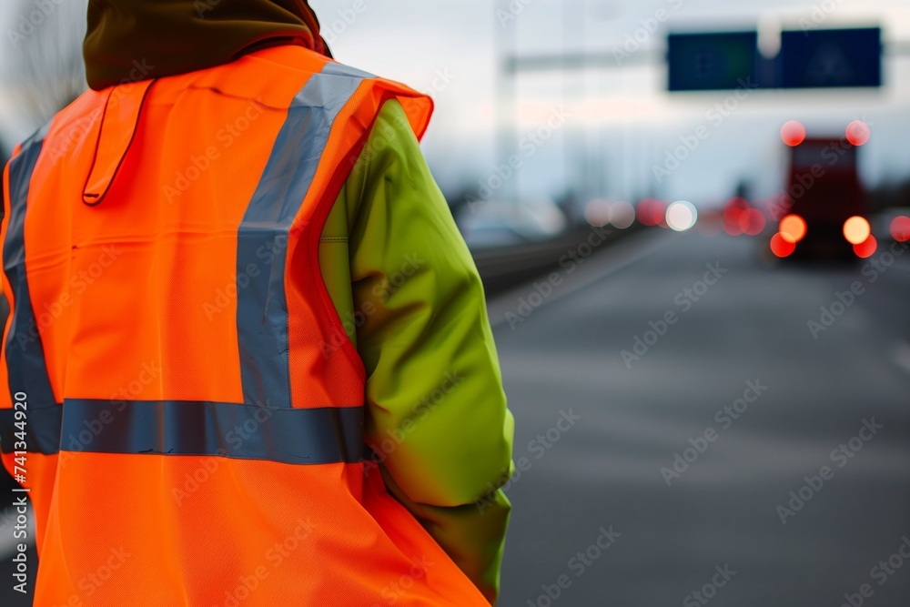 person wearing reflective safety vest standing by highway kit person wearing reflective safety vest standing by highway kit